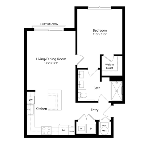 Floor plan for 1 bed, 1 bath, 751 sqft
